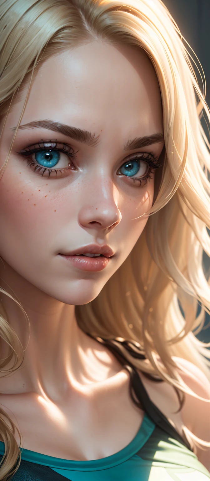 (dynamic lighting), (realism), (UHD), (32k), (Mastepiece), (highres, high resolution), (Advanced facial details), (natural skin:1.3), (DSLR), (soft lighting), (high quality), (finely detailed face), (top quality), (Best Quality), (platinum blond hair:1.5), (photorealistic:1.4) , (hyperrealistic:1.4), (smoother sunset lighting:1.05), (Centered), (increase Fujicolor quality:0.9), ((alena aenami:1)), (((face portrait:1.5))), High quality, 8K Ultra HD, hyper-realistic portrait of a perfect fit beautiful woman wearing a minimalistic bright turquoise gym outfit. The artist captures the woman with mysterious, long, and slightly wavy white hair, captivating blue eyes that show a sense of mischief, and a confident glance directly into the camera with her captivating eyes. Every subtle delicate nuance of her attractive face, the intricacies of her gaze, and the cascading strands of her hair are perfectly captured. The artist employs a mastery of modeling lighting techniques, creating a studio lit environment that perfectly captures her entire face looking directly at the camera. Her entire head and hair are captured in this masterpiece.