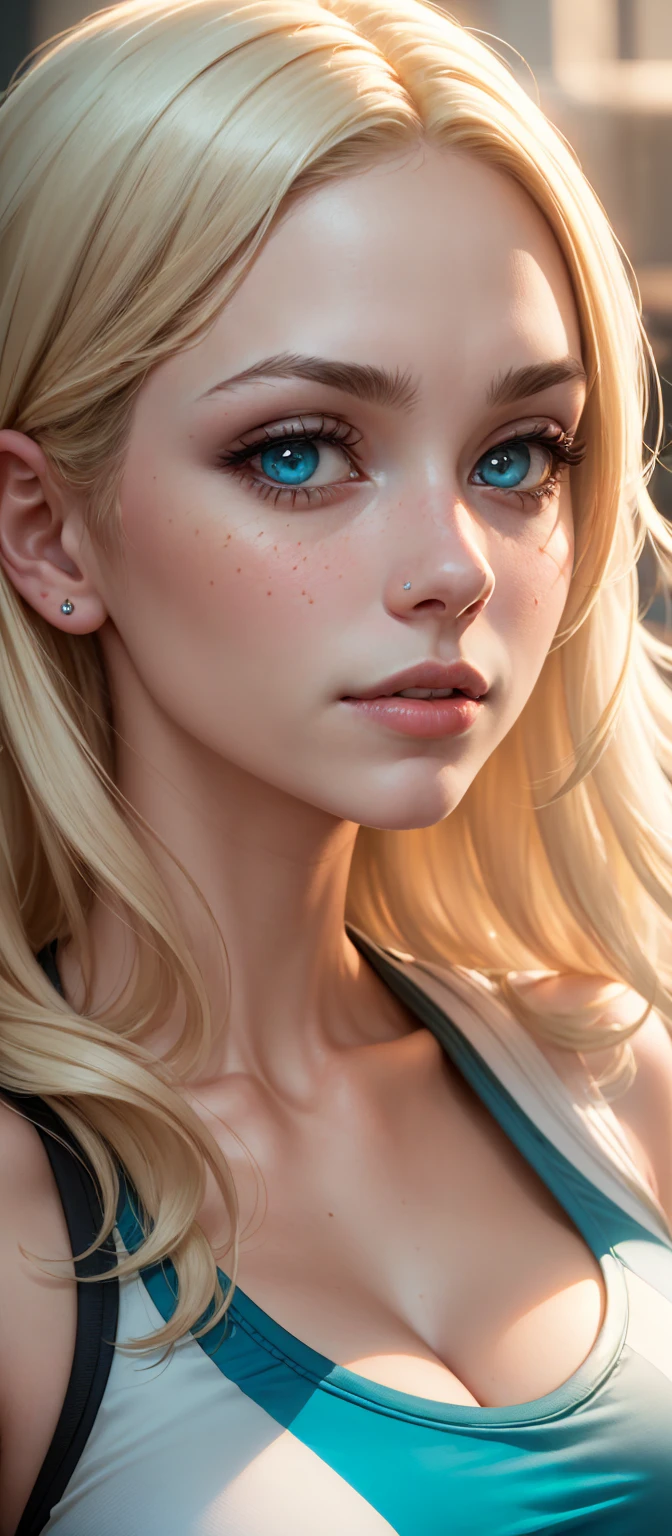 (dynamic lighting), (realism), (UHD), (32k), (Mastepiece), (highres, high resolution), (Advanced facial details), (natural skin:1.3), (DSLR), (soft lighting), (high quality), (finely detailed face), (top quality), (Best Quality), (platinum blond hair:1.5), (photorealistic:1.4) , (hyperrealistic:1.4), (smoother sunset lighting:1.05), (Centered), (increase Fujicolor quality:0.9), ((alena aenami:1)), (((face portrait:1.5))), High quality, 8K Ultra HD, hyper-realistic portrait of a perfect fit beautiful woman wearing a minimalistic bright turquoise gym outfit. The artist captures the woman with mysterious, long, and slightly wavy white hair, captivating blue eyes that show a sense of mischief, and a confident glance directly into the camera with her captivating eyes. Every subtle delicate nuance of her attractive face, the intricacies of her gaze, and the cascading strands of her hair are perfectly captured. The artist employs a mastery of modeling lighting techniques, creating a studio lit environment that perfectly captures her entire face looking directly at the camera. Her entire head and hair are captured in this masterpiece.