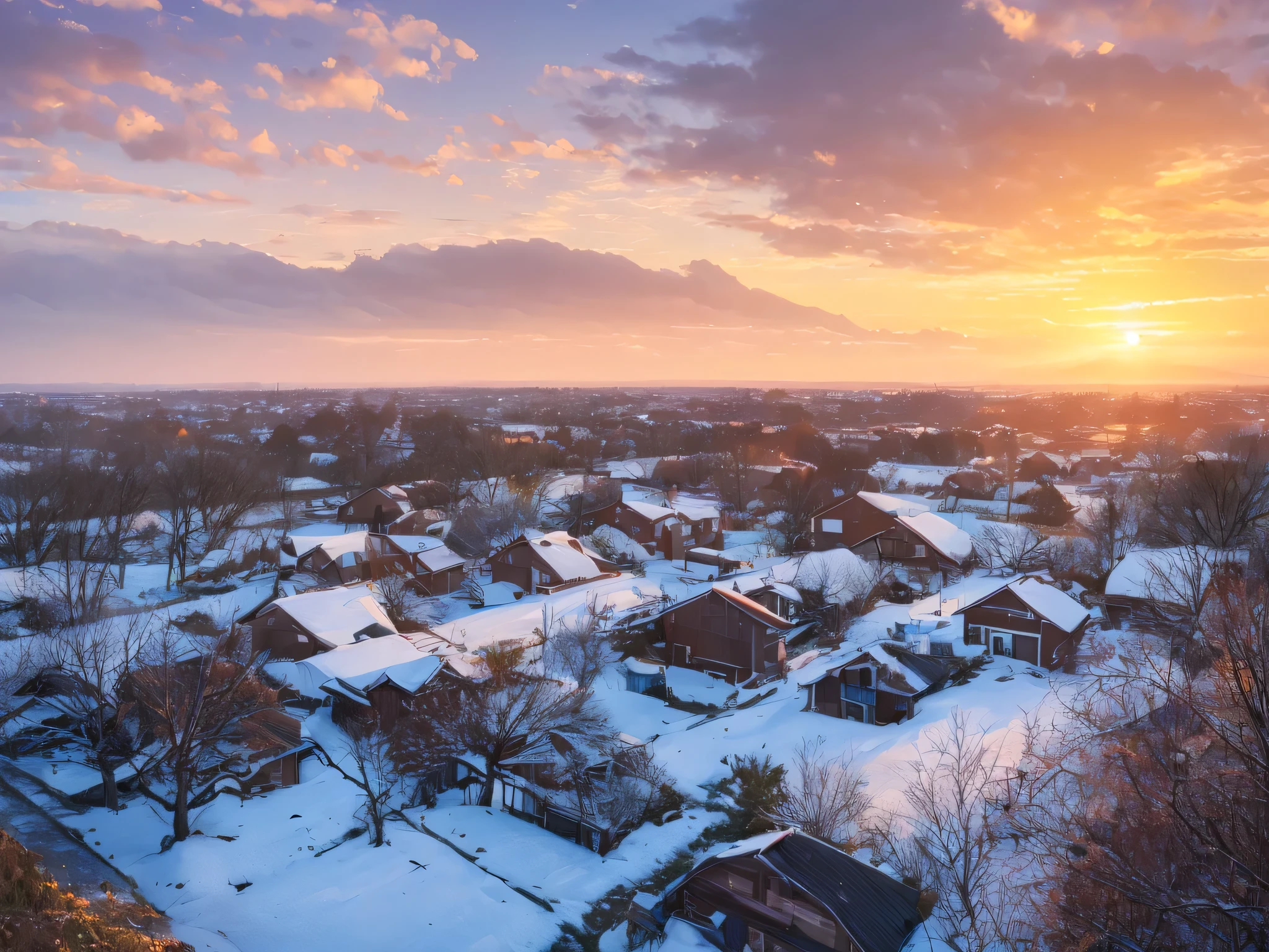 morning in the village, frost on the grass, a decrepit fence made of small slats, an old small house with a chimney, a very beautiful sunrise, professional photo, beautiful, realistic, 8k, high detail, high resolution