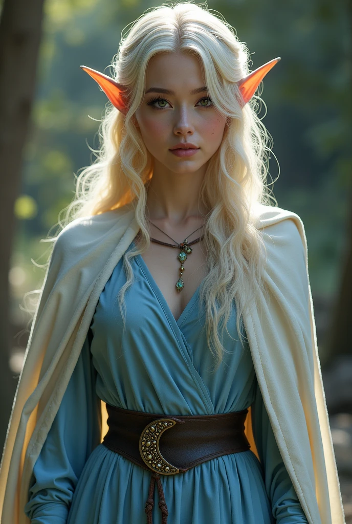 Líf is an elf of exceptional beauty, with an angelic appearance and delicate features. Your skin is softly pale, resembling pure porcelain. Her long black eyelashes accentuate an innocent look, with honey-colored eyes that radiate an enchanting clarity. Her lips are delicately rounded, with a natural pink tone. A small mole adorns her right cheek, adding a unique touch to its ethereal beauty.

Her light blonde hair flows in wavy locks, descending gently on your shoulders, every thread as soft as silk. A long-sleeved blue dress hugged her figure, with a flowing skirt that ended elegantly just above the knees. A leather belt adorned his waist, standing out with a crescent-shaped buckle, surrounded by small golden stones, adding a heavenly touch to your attire. On the feet, simple black leather boots, whose long barrel fitted simply, were tied with dark laces, providing you with unpretentious practicality. Over the shoulders, a modest cloak in a deep shade of indigo enveloped her.