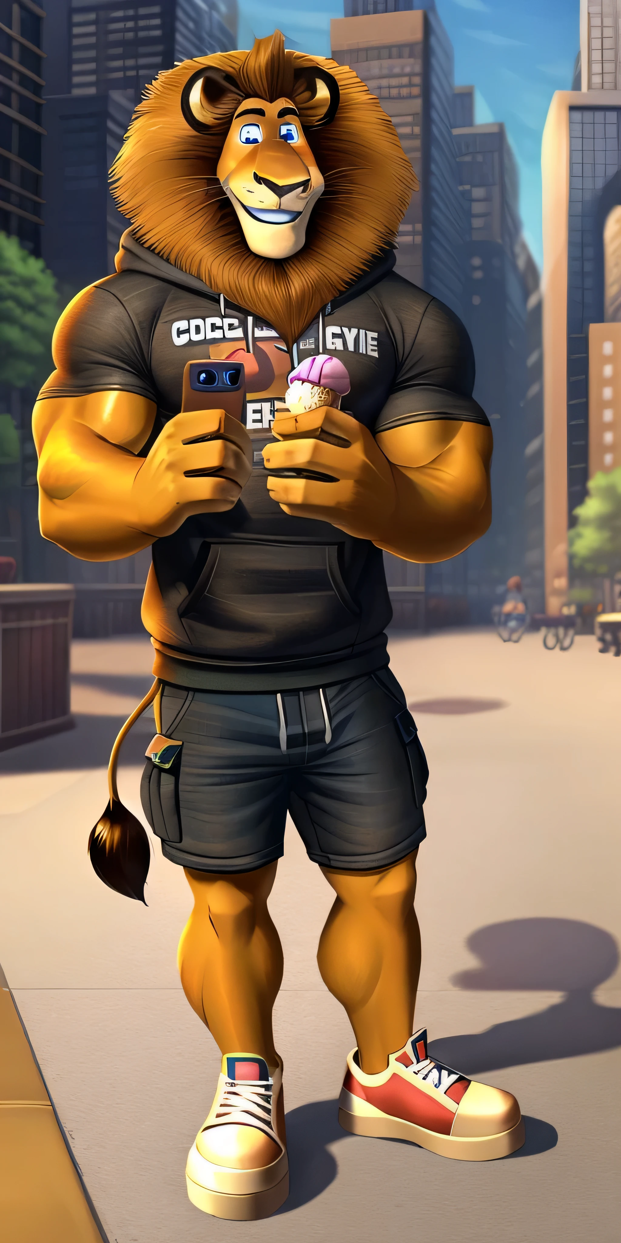 Alex the Lion, muscular body, big biceps, extremely beautiful and cute face, perfectly detailed blue eyes with perfectly detailed pupils, wears sweatshirt, black denim cargo shorts, sneakers, city streets background, selfie, friendly look, cute smile, eating chocolate ice cream 