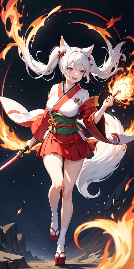 1 person,woman,Red kimono, Twin tails ,Silver Hair,Blue Flame, Vortex of flames,wallpaper, landscape,Depth of written boundary, night, Particles of light, light, Side light, Thighs,****, Red light armor,mini skirt, White knee socks, cloud,Gaze, Large Breasts, Holds a long sword,Green Eyes, Fox Ears, Bright smile,Open your mouth,Fox Tail,Phoenix,Stick out your right hand,