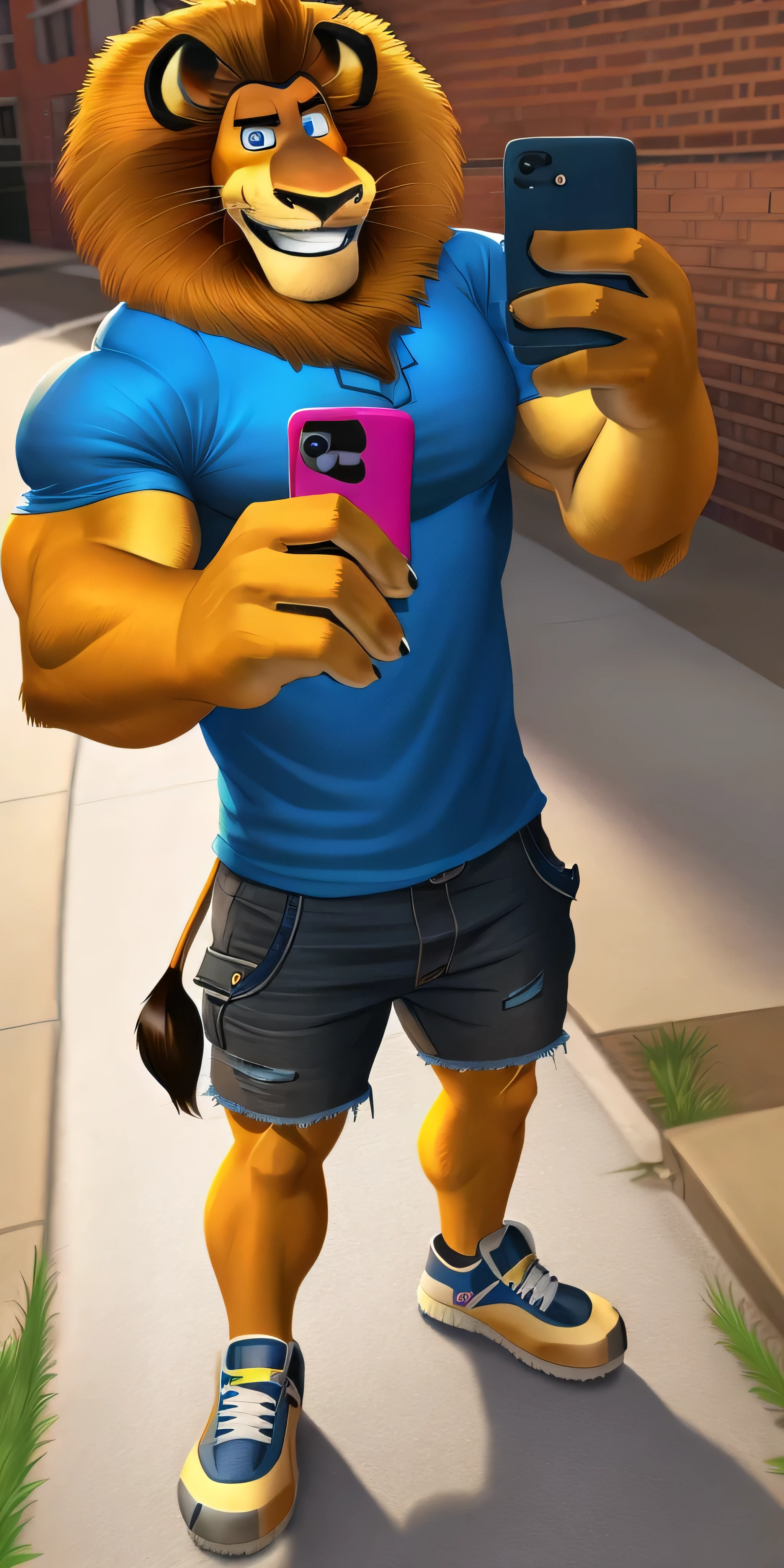 Alex the Lion, muscular body, big biceps, extremely beautiful and cute face, perfectly detailed blue eyes with perfectly detailed pupils, wears blue polo shirt, black denim cargo shorts, grey sneakers, streets background, selfie, friendly look, cute smile