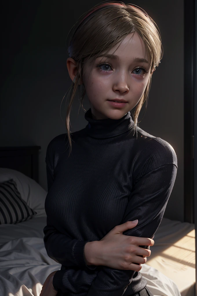 A stunning intricate full color portrait Ultra-HD, movie style,  age, happy look, glow, eye shadow, 1girl, Depth & Perspective, smiling face, fine face, She's standing from behind in the bedroom, indoors, bed in the background, wearing a black turtleneck,  epic character composition,  alessio albi,  nina masic,  sharp focus,  natural lighting,  subsurface scattering,  f2,  35mm, highlight lighting, global lighting –uplight –v 4, cinematic, Cinematic lighting, 8K, high quality, Highest Quality, (Solo Focus), (extremly intricate:1.3), (Realistic), masterful, Analog style, (Film grain:1.5), (cold tone),