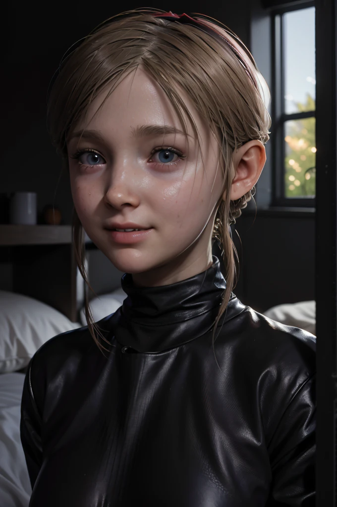 A stunning intricate full color portrait Ultra-HD, movie style,  age, happy look, glow, eye shadow, 1girl, Depth & Perspective, smiling face, fine face, She's standing from behind in the bedroom, indoors, bed in the background, wearing a black turtleneck,  epic character composition,  alessio albi,  nina masic,  sharp focus,  natural lighting,  subsurface scattering,  f2,  35mm, highlight lighting, global lighting –uplight –v 4, cinematic, Cinematic lighting, 8K, high quality, Highest Quality, (Solo Focus), (extremly intricate:1.3), (Realistic), masterful, Analog style, (Film grain:1.5), (cold tone),