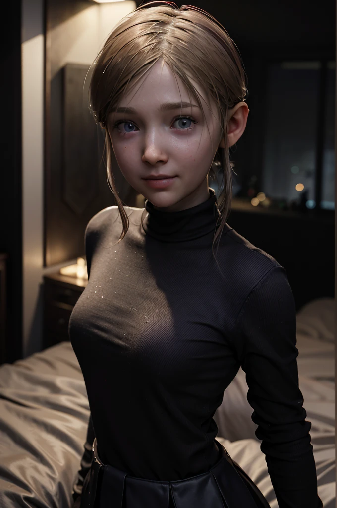 A stunning intricate full color portrait Ultra-HD, movie style,  age, happy look, glow, eye shadow, 1girl, Depth & Perspective, smiling face, fine face, She's standing from behind in the bedroom, indoors, bed in the background, wearing a black turtleneck,  epic character composition,  alessio albi,  nina masic,  sharp focus,  natural lighting,  subsurface scattering,  f2,  35mm, highlight lighting, global lighting –uplight –v 4, cinematic, Cinematic lighting, 8K, high quality, Highest Quality, (Solo Focus), (extremly intricate:1.3), (Realistic), masterful, Analog style, (Film grain:1.5), (cold tone),