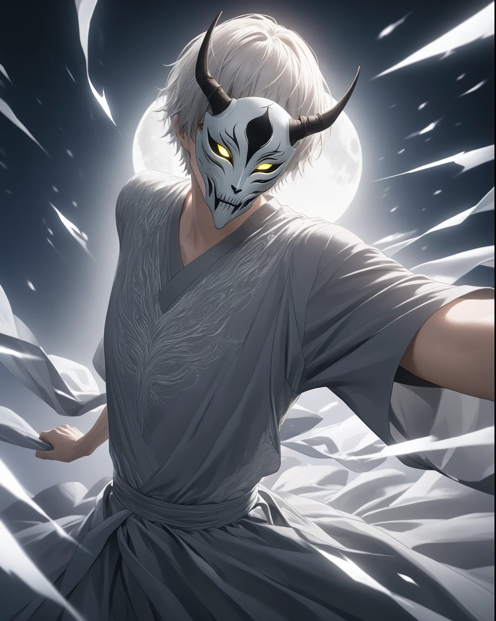 Anime, wendigo mask, (Half-broken mask),shiny eyes,Trail of eyes,((intricate details)),Short dagger with black circular patterns,short hair,(1boy),solo,Grey T-shirt, white tunic, Gray dress pants, ((clothing texture)), (clothing details), folds, shadows, Masterpiece,Ultra Quality,night,moon,Night sky, night light, dynamic lighting,Dynamic pose, dynamic angles,motion blur,deepth of field,(moon in background:1.2), detailed moon,