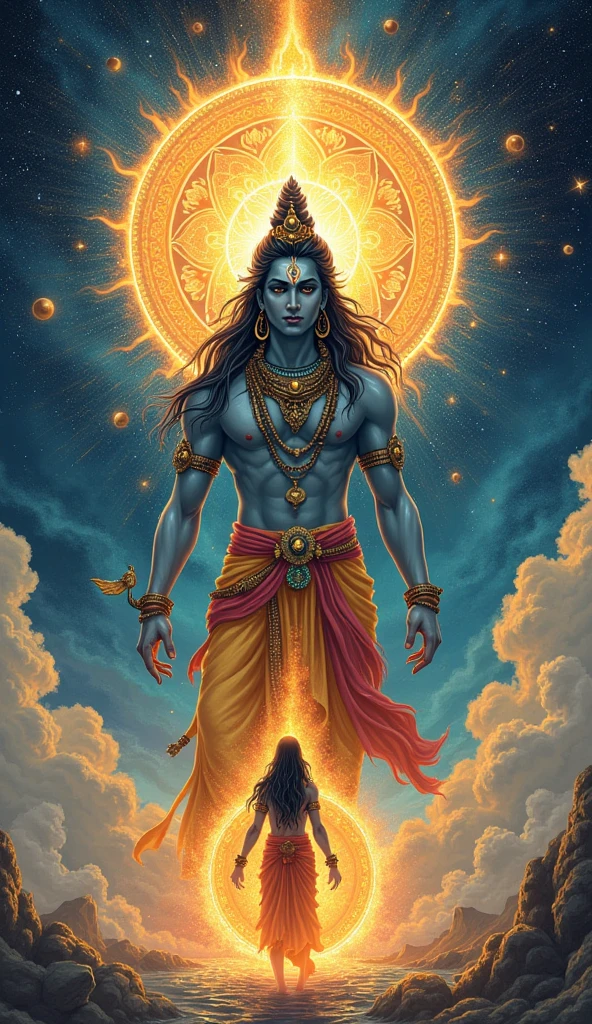 Illustrate Lord Shiva appearing before Vishnu, radiating an aura of power and benevolence. Shiva should be shown opening his third eye and generating a brilliant, fiery sudharshan chakra