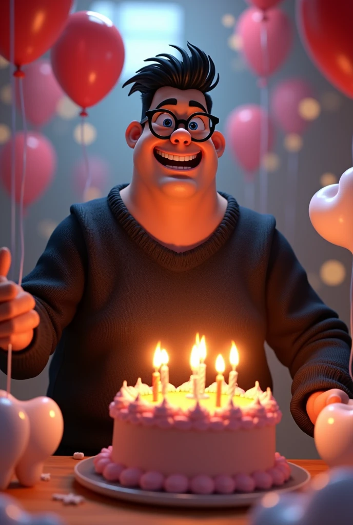 Character illustration in Disney Pixar 3D style of a large-bodied Latino man dressed in a black sweater with a masculine face and cheerful black hair combed to the side with black glasses, Tattooed arms blowing out a birthday cake and surrounded by teeth