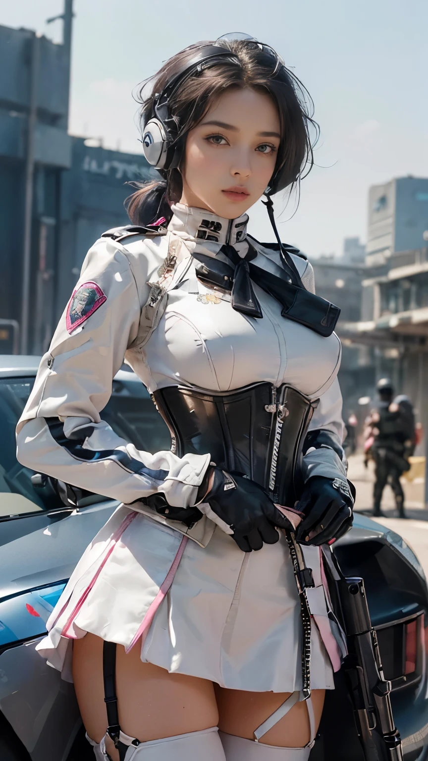 (Top Quality, Ultra High Definition, Photorealistic: 1.4), (cowboy shot:1), Nandini Sharma Beautiful Girl, Detailed Face, (Hair Style gradation:Pink:0.6Silver:0.4, fullbang, shortbob-style:1), Combata pose, Contrapposto, Perfect ???????, Smooth Skin, Professional Lighting, (wear color white black silver),((wearing Futuristic Police Racing Suits, low-mini-skirt, police wappen, High-tech Headset, military gun-corset, racing gloves, machinegun)), (Cloths colors based on pink silver white black), (background, backstrage),