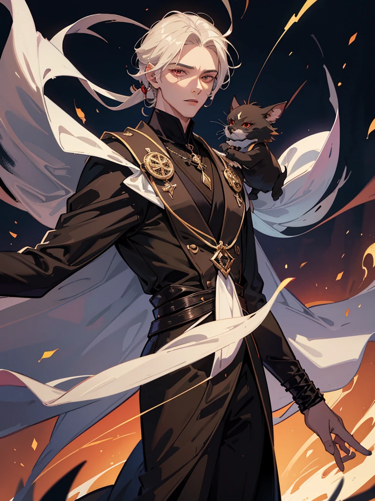 Create an image of Jendrel, a human from the Damonia clan, specifically from the Nightshade (vampire) clan. Jendrel has charismatic figure. He stands at 188 cm tall with a lean and athletic build. His hair is completely "dark black" and slightly tousled, adding to his mysterious aura. His eyes are deep and expressive, with a light brown color and a hint of mystery. Jendrel wears elegant and mysterious black robes associated with the Demon Clans. The robes should be stylish and dramatic, reflecting his vampire heritage and the enigmatic nature of the Nightshade clan. His overall style should be elegant and K-pop idol-inspired, with a focus on fashionable, trendy details. Jendrel's abilities include heightened shadow speed, which should be hinted at through visual effects like shadowy trails or a subtle aura. His personality traits are charismatic, ambitious, reserved, loyal, and romantic. Only Jendrel.