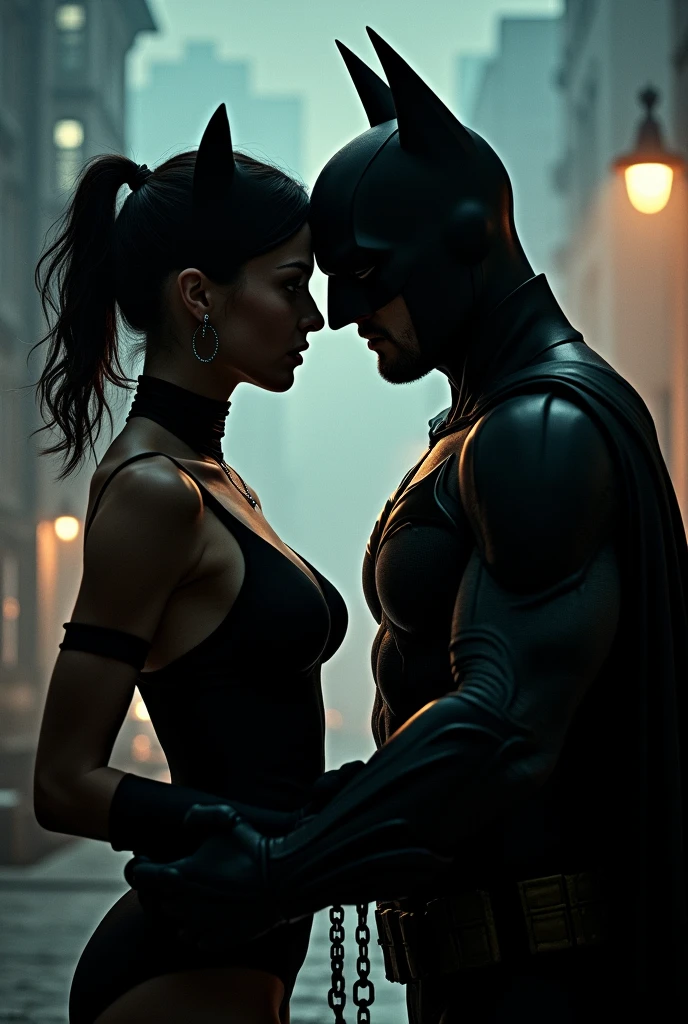 "Create an image depicting a dimly lit, mysterious setting where a female character, inspired by Catwoman, holds a chain delicately in her hands, gently teasing a male figure reminiscent of Batman. The male character, restrained by the chain, looks up at her with a mix of vulnerability and admiration. The atmosphere is tense yet romantic, with both characters locked in an intense gaze, their emotions intertwined. The setting is a shadowy urban rooftop, with the city's lights glowing softly in the background, emphasizing the intimate and complex dynamics between them." Masked batman and Catwoman 