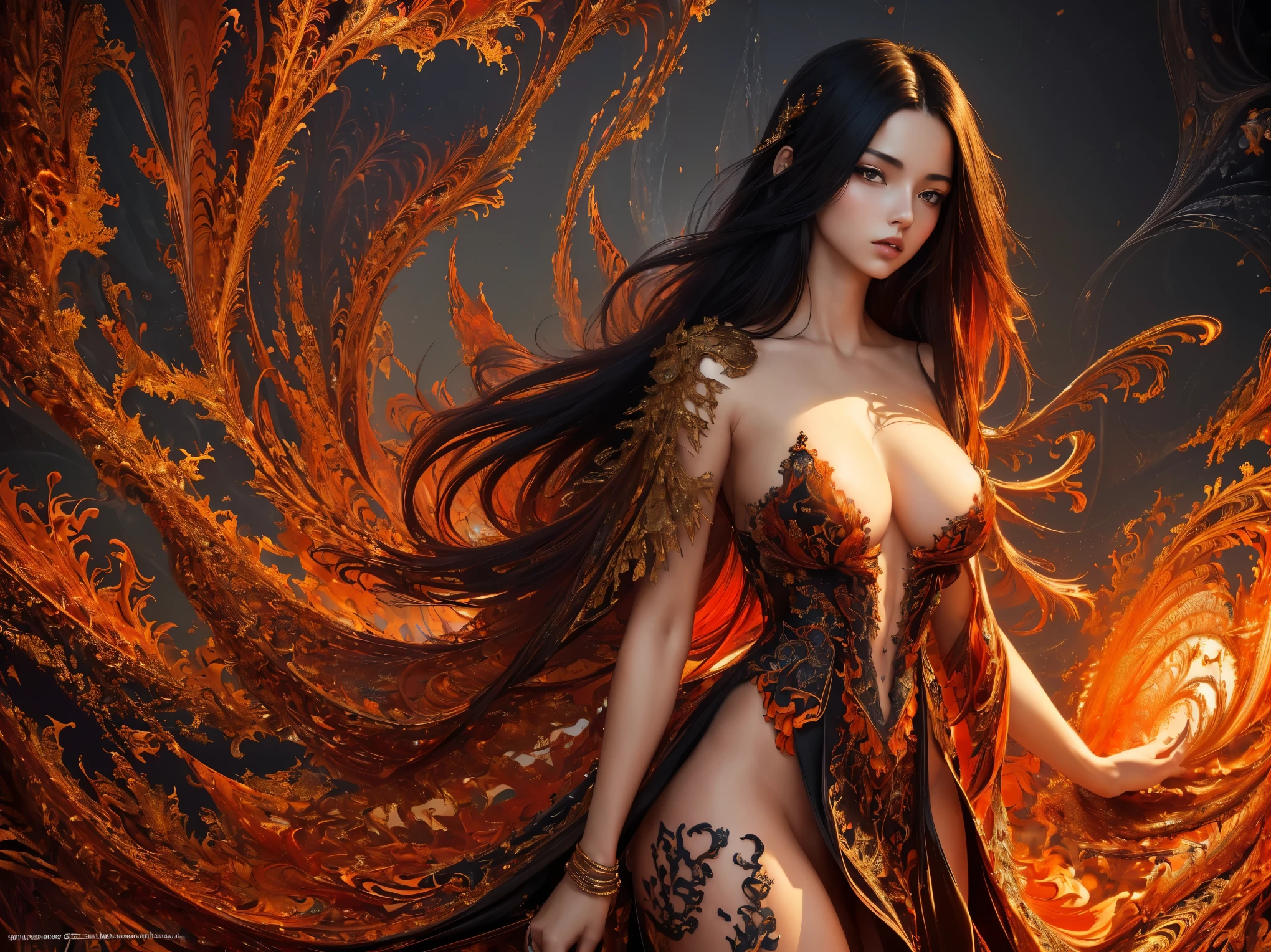(masterpiece, top quality, best quality, official art, beautiful and aesthetic:1.2), (1girl),black hair, extreme detailed,(fractal art:1.3),colorful,highest detailed, nsfw
flowing elegant dress, exposed shoulders, cleavage. Sexy, seductive, teasing the viewer. long red hair. orange red gold, black
head and shoulders shot, naked breasts, ultra sharp, 