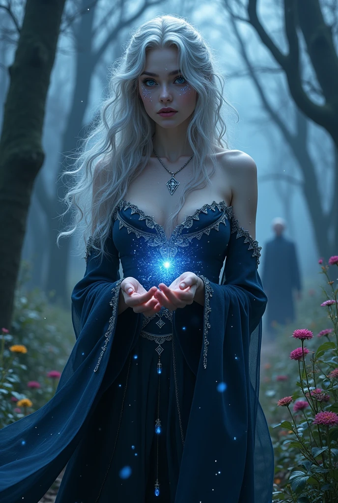 A woman with long, wavy hair, with silver locks that shine under the moonlight. Hair looks almost ethereal, as if floating lightly, the eyes a deep shade of blue, like a night sky, with small silver sparks that resemble stars. They have a hypnotic glow, almost as if they reflected the moonlight. Furthermore, the pupil is slightly elongated, giving a mysterious and predatory touch, like a vampire&#39;s.
the skin is pale with a slight glow reminiscent of nighttime luminescence. Small constellation markings can adorn your arms and face, wearing a long, flowing dress, made of a fabric that appears to change color between deep blue and black, with silver embroidery, it is in the center, com um olhar intenso, holding a magical artifact. 
In the background there is a blurred and shadowy figure of a man with a threatening aura.
In a setting that mixes elements of nature and magic, like an enchanted forest with tall trees and bright flowers, but also with sinister shadows that suggest danger.
With symbols and runes that represent both blood (like drops or marks) as the charms (como estrelas).
