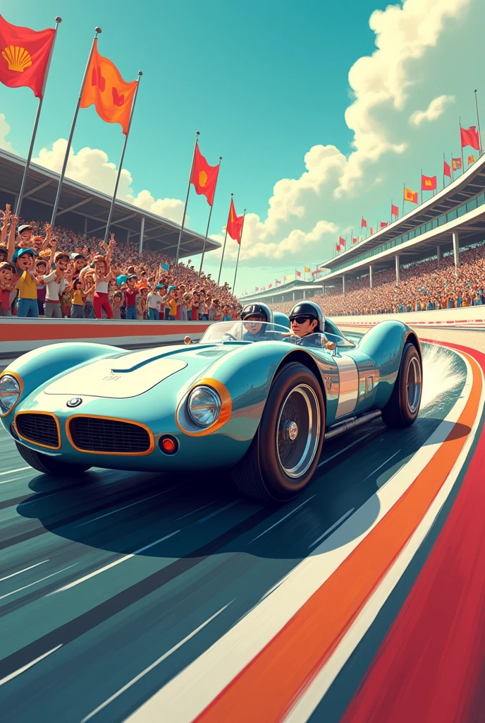 A sleek BMW racing on a vibrant cartoonish race track, surrounded by colorful motion lines and exaggerated speed effects. The car has oversized wheels and a shiny, reflective body with a retro vibe. The background features a cheering crowd with exaggerated expressions and cartoon flags waving