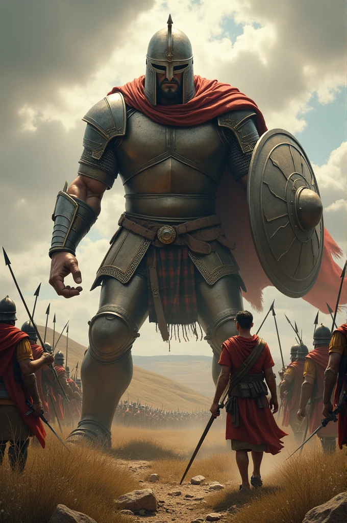 David hitting the giant Goliath in the head with a stone surrounded by the army