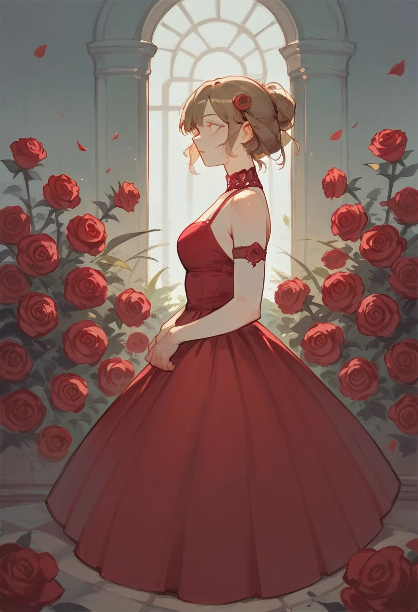 1 girl, solo,berasts,rose,red dress