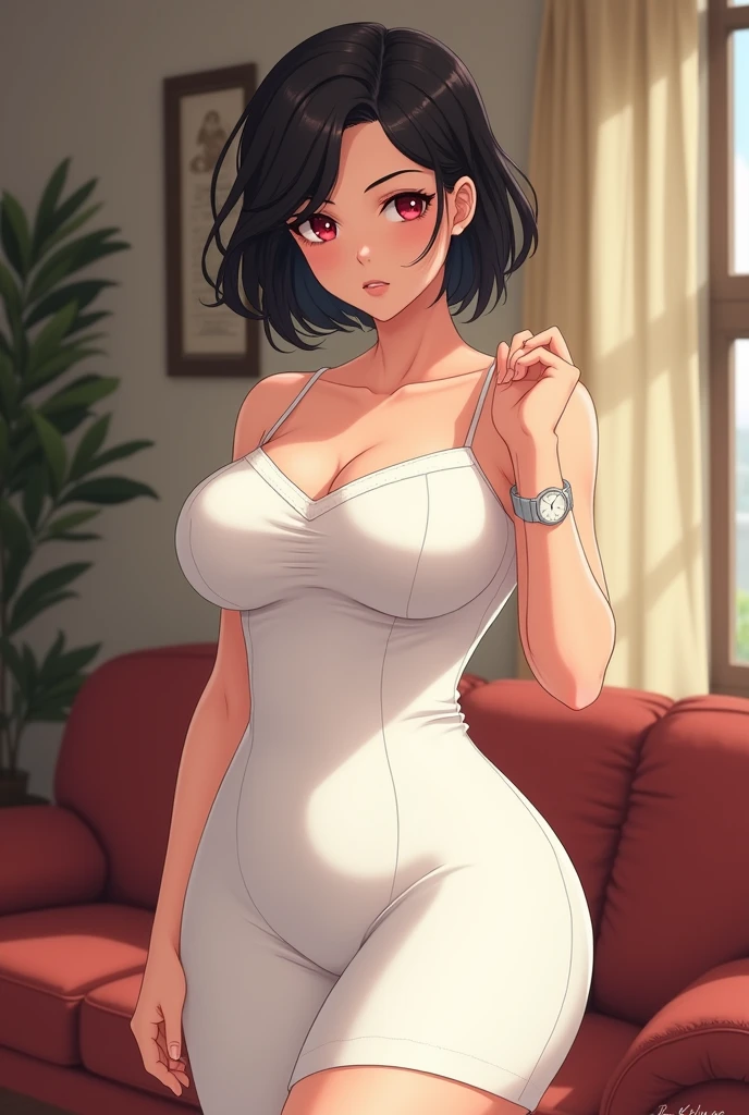 1 girl, MILF, short black hair, red eyes, large breasts, curvy body, wearing white dress and white watch, (((scene: standing in the living room))), Manhwa style, Anime style