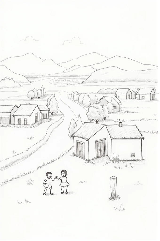 Sketch of landscape simple with houses trees river mountain bridge land with 2 chidren playing outside the house with pencil