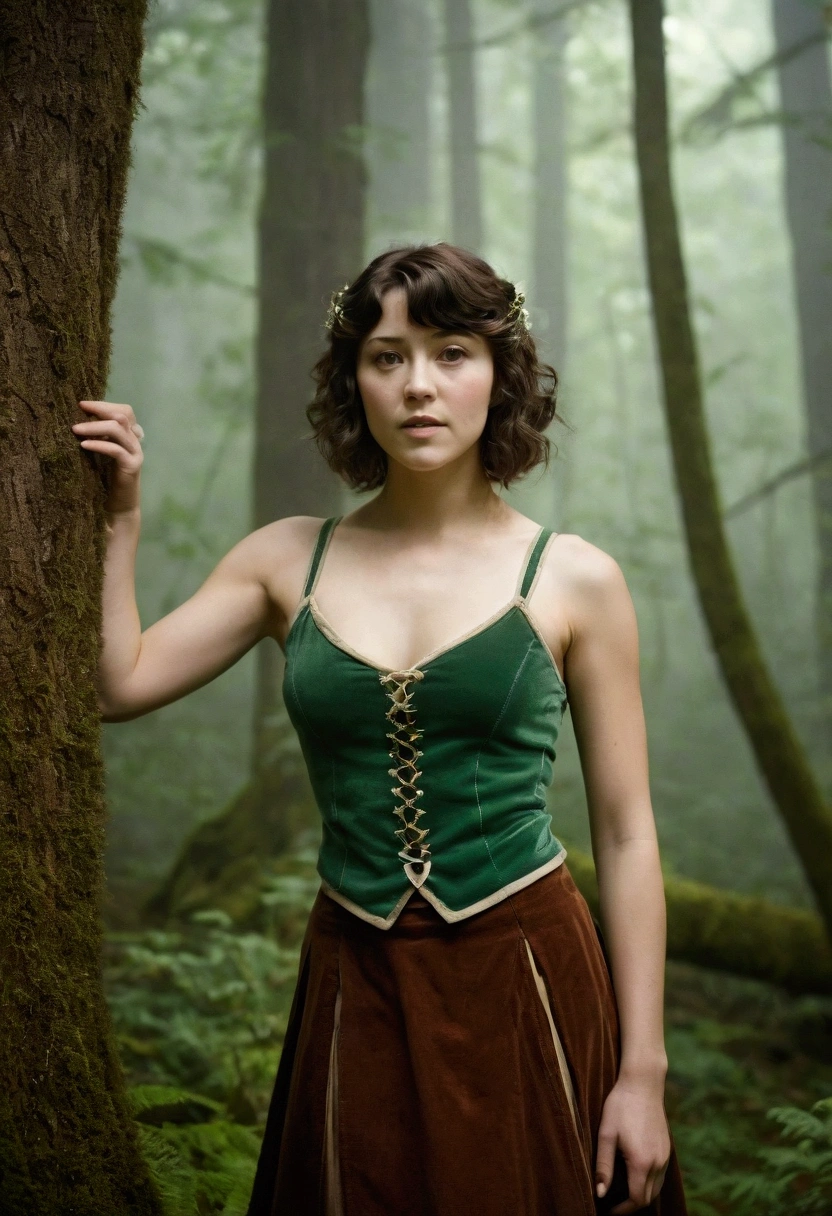 analog film photograph, photo of an elven maiden, 18-years-old, amazonian stature, athletic hourglass figure, busty breasts, narrow waist, full wide hips, big round buttocks, wearing a tank top and a corduroy skirt, warm almond complexion, pointy elf ears, dark hair, short curly bob cut, resembles Mary Elizabeth Winstead, posing in a foggy fantasy forest, RAW Photograph, dslr, soft lighting, high quality, film grain, Fujifilm XT3, detailed skin with visible pores, insane details, masterpiece, 8k, 35mm photograph, dslr, kodachrome, faded film, desaturated, grainy, vintage, Lomography, stained, highly detailed, found footage, long elven ears