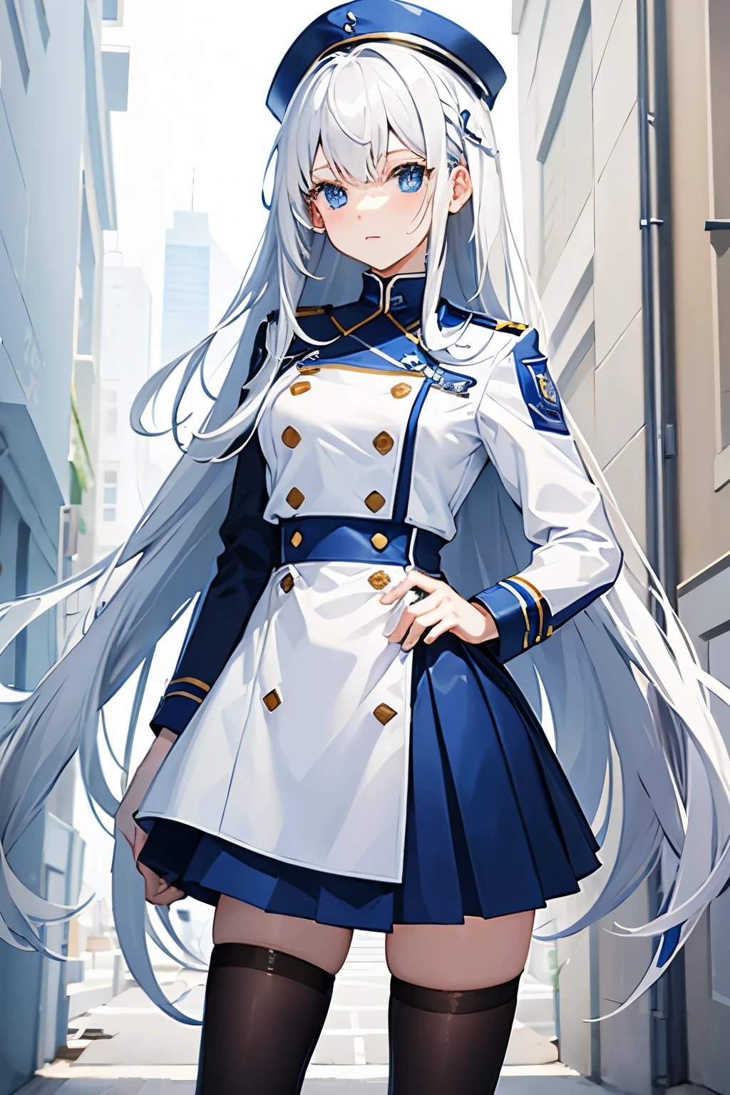 Uniform, white and blue, neat, long hair, cute, woman