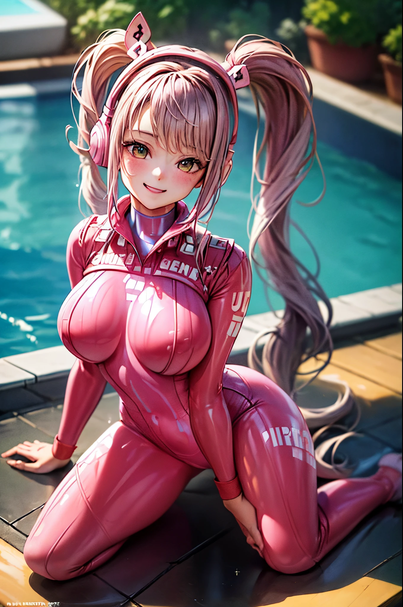 alice \(NOD\), (pink bodysuit:1.5), animal ear headphones ,shiny clothes, twintails, latex bodysuit, BREAK, (masterpiece, Highest quality:1.3), (Super detailed:1.4),(Super detailed顔:1.2),(Super detailed目:1.2), (hyperRealistic:1.3), (RAW Photos:1.2), High-definition RAW color photos, Professional photos, (PhotoRealistic:1.4), (Realistic:1.4),8k,Professional Lighting, Perfect Anatomy, BREAK, (Big Breasts:1.4), (blush:1.2), (Bright smile:1.3), detail, Sharp focus, dramatic, dutch angle, (Sexy gravure pose:1.2),Poolside, 1 person,(Wet:1.2)