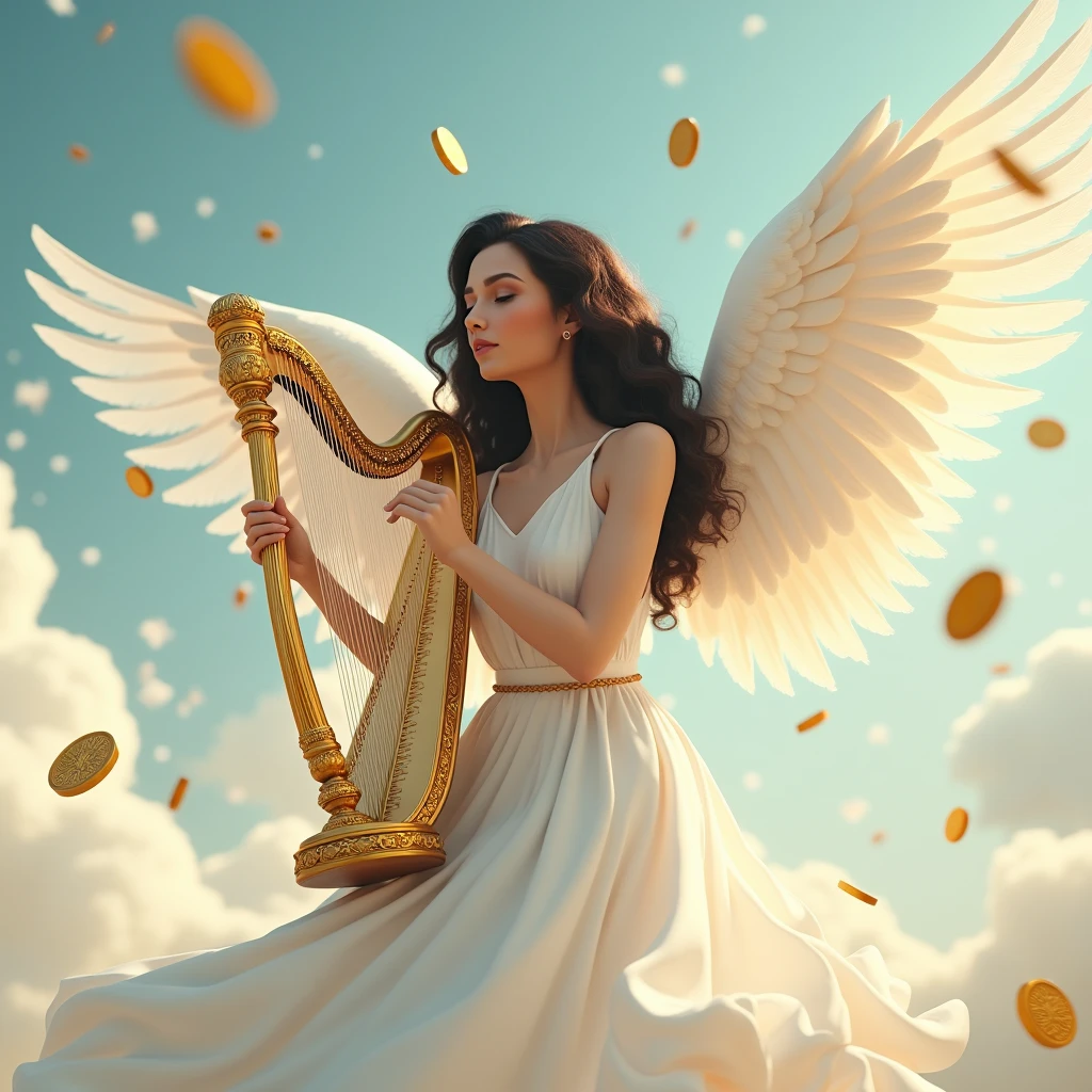 create a 3D image of a woman in a white dress ,blackquality hair ,brunette skin , holding a golden harp and a little curly and with golden angel wings and in the background several clouds and golden coins falling and the blue sky in the background