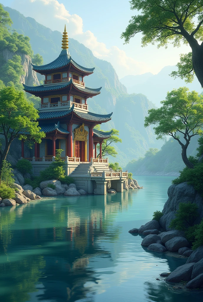 Make such a bank of a river that there is a temple on the bank