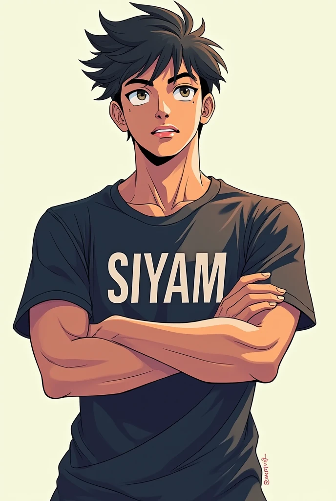 A alone boy in a attitude pose
with written the name Siyam with the name Siyam in front of the shirt the anime is about 20 years old