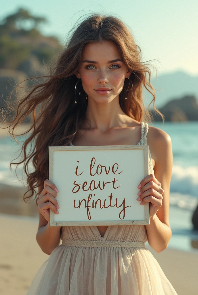 Beautiful girl with wavy long hair, bohemian dress, holding a white board with text "I Love Seaart Infinity" and showing it to the viewer