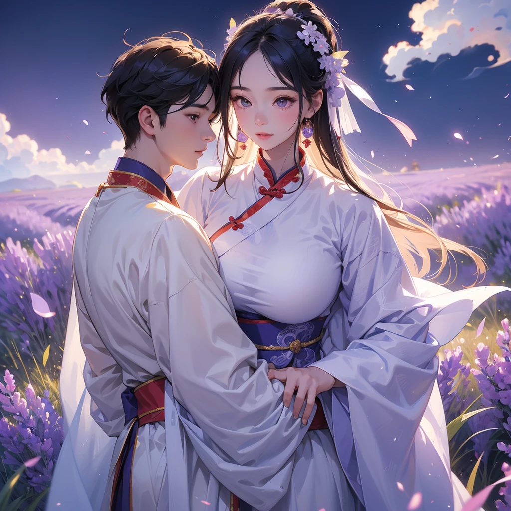 A one-year-old baby boy in an ancient Chinese baby costume with his beautiful mother, dressed in an white ancient Chinese costume, Stroll among the purple lavender fields , There are some floating clouds, playing with each other, with his handsome father standing next to his mother, close up.