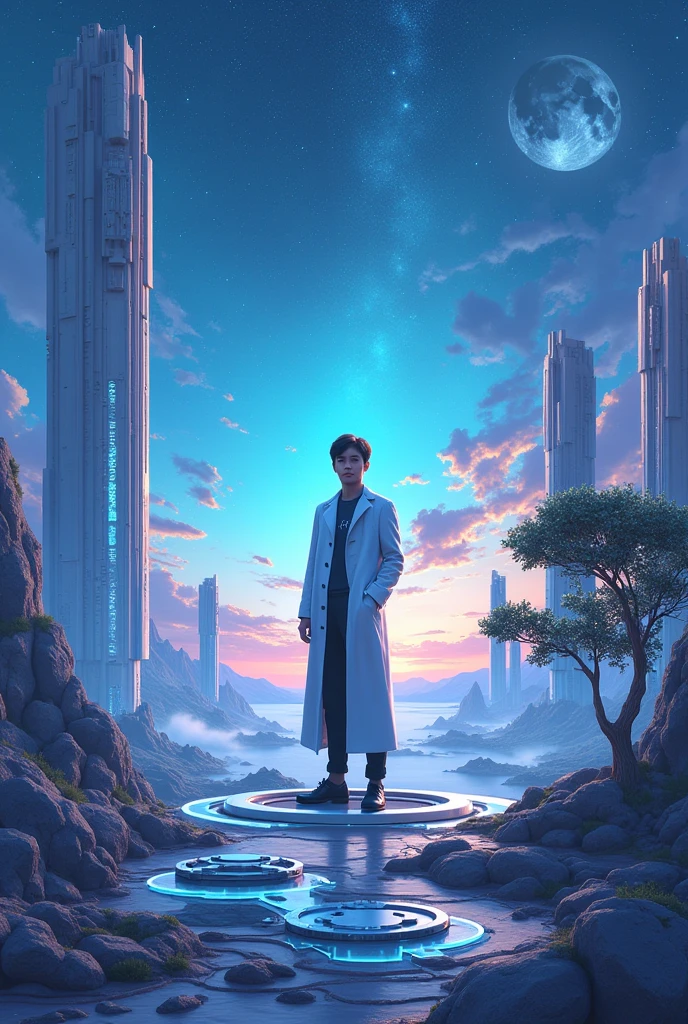 **Scenario:** Imagine a futuristic and visionary landscape, with elements that represent innovation and progress. The setting is open and expansive, symbolizing the freedom and open-mindedness of Aquarians.

**center of picture:** At the center, there is an Aquarian figure standing on a pedestal or raised platform, surrounded by futuristic architecture, like glass and metal buildings with innovative geometric shapes. The figure may be dressed in modern and elegant clothing, with a contemplative and confident look.

**Surrounding Environment:** The background of the scene is a vast, open horizon, with starry sky and vibrant colors, like blues and purples, that create a sense of infinity and possibility. Technological Elements, like floating holograms and futuristic control panels, are visible around the figure, reflecting the inclination to think outside the box.

**Additional Detail:** In a corner, a tree or plant with metallic or shiny leaves can symbolize the desire for originality and connection with nature in an innovative context. Near the platform, there are a series of interconnected gears or mechanisms, representing the need for balance between individuality and social conformity.

**Image Feeling:** The image should convey a sense of advancement and innovation, with an atmosphere that inspires  and creativity. It must capture the spirit of a visionary who seeks originality and progress., while facing the challenges of balancing your individuality with social expectations. The setting should be expansive and bright, reflecting Aquarians&#39; desire for change and open-mindedness.