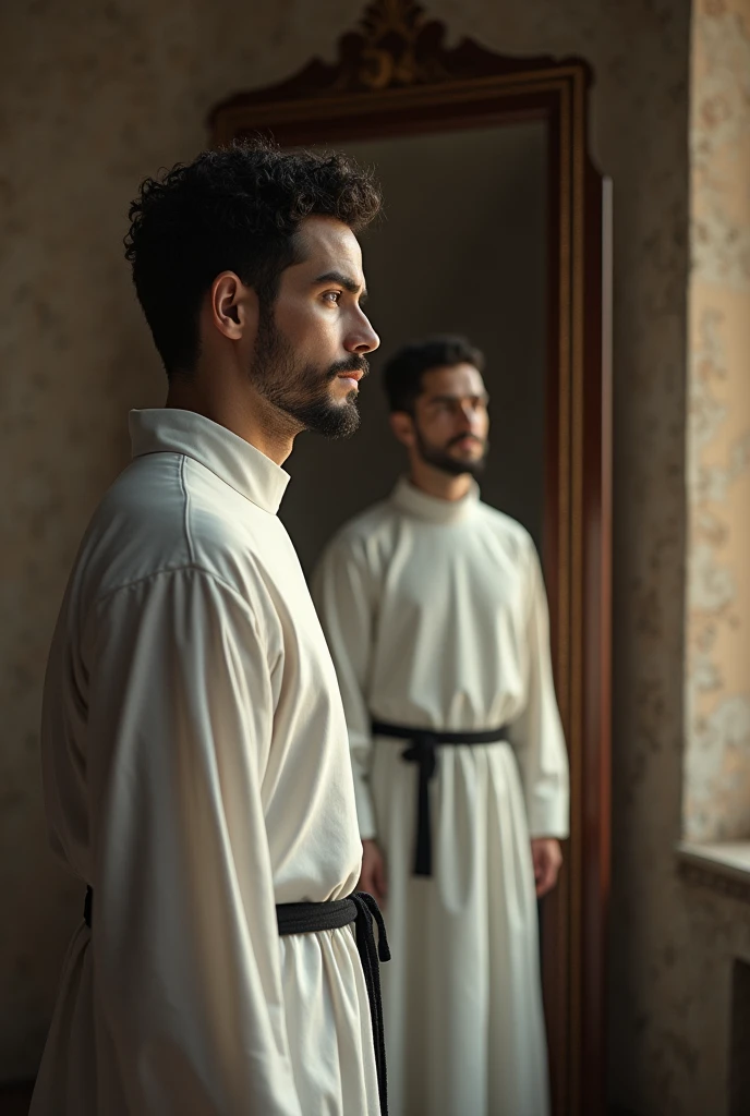 "The medium height, medium build white man with short, curly black hair, white skin, brown eyes, and a goatee is now dressed in a white Cistercian habit, complete with a black scapular. He stands in the same bedroom of the Catholic monastery, with the late afternoon light softly illuminating the room. As he gazes at his reflection in the mirror, he sees himself transformed and contemplative, embodying the solemn and serene demeanor of his new monastic life. The atmosphere is filled with a profound sense of emotional depth and spiritual reflection."