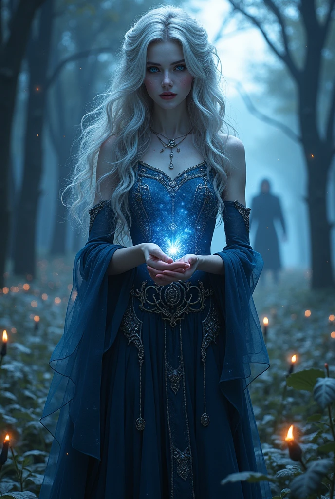 A woman with long, wavy hair, with silver locks that shine under the moonlight. Hair looks almost ethereal, as if floating lightly, the eyes a deep shade of blue, like a night sky, with small silver sparks that resemble stars. They have a hypnotic glow, almost as if they reflected the moonlight. Furthermore, the pupil is slightly elongated, giving a mysterious and predatory touch, like a vampire's.
the skin is pale with a slight glow reminiscent of nighttime luminescence. Small constellation markings can adorn your arms and face, wearing a long, flowing dress, made of a fabric that appears to change color between deep blue and black, with silver embroidery, it is in the center, com um olhar intenso, holding a magical artifact.
In the background there is a blurred and shadowy figure of a man with a threatening aura.
In a setting that mixes elements of nature and magic, like an enchanted forest with tall trees and bright flowers, but also with sinister shadows that suggest danger.
With symbols and runes that represent both blood (like drops or marks) as the charms (como estrelas).