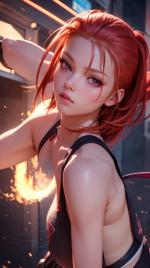 1girl, star eye, blush, perfect illumination, red hair, red eyes, unreal engine, sidelighting, detailed face, bangs, bright skin, simple background, dark background
