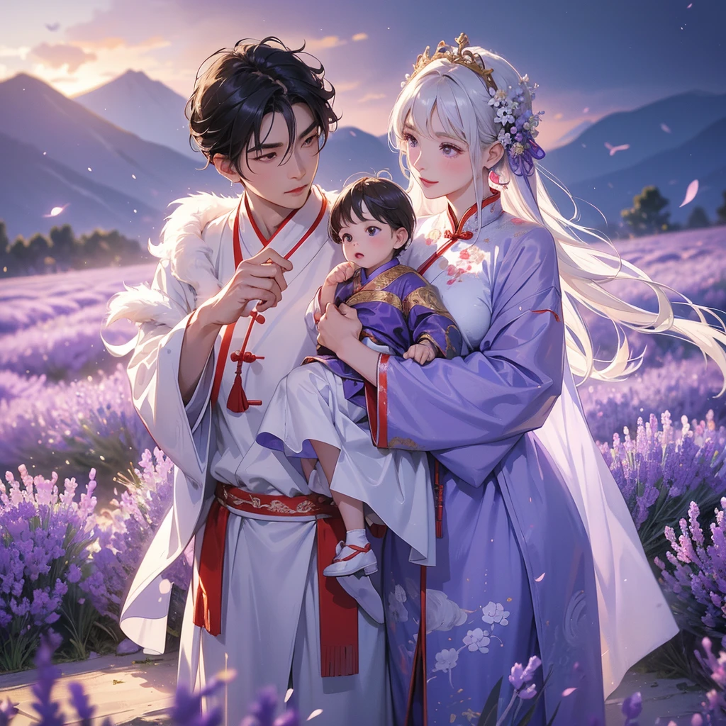 A one-year-old baby boy in an ancient Chinese baby costume with his beautiful mother, dressed in an white ancient Chinese costume, Stroll among the purple lavender fields , There are some floating clouds, playing with each other, with his handsome father standing next to his mother, close up.