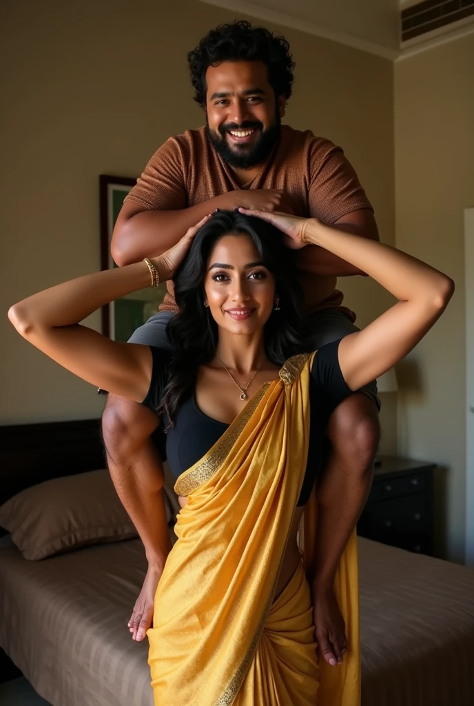 Beautiful and Slim, Sexy Indian woman in black blouse golden saree lifting a large chubby man above her shoulders, man is sitting on woman's shoulders, in a bedroom with high ceiling, natural smile, woman is looking into the camera , full body image 
