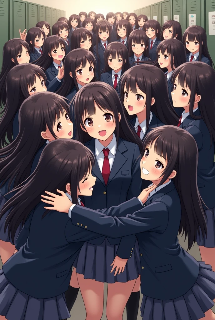 1000 long haired Asian girl idols in realistic school uniforms trying to hug me