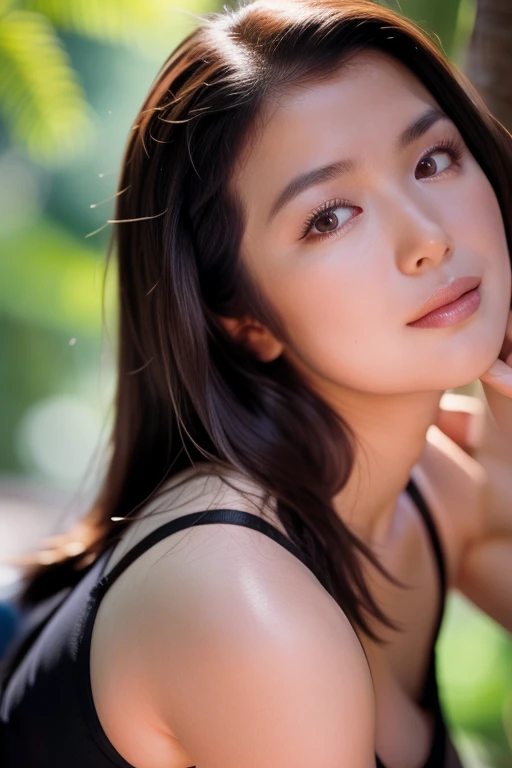 a Close-up portrait of gorgeous smiling cute Japanese woman in a nudity outfit, delicate facial features, porcelain-skinned, ponytail, a fusion of young Marion Cotillard's striking eyes and young Anne Hathaway's introspective gaze, long and slender cute face, Asian winged eyes, wavy nose, full wide lips, flowing very long straight black hair in the air, silhouette, bokeh,