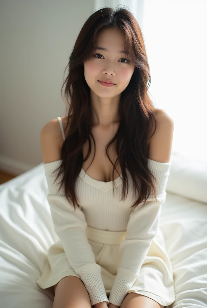 A naked woman sitting on a sofa in the living room、The woman is a 2 Japanese woman.、Fashion model body type、 "luna" She is holding a rather large pillow with the words, Smiling sweetly at the viewer, Full Body Shot, Cinema Lighting、Brown Hair