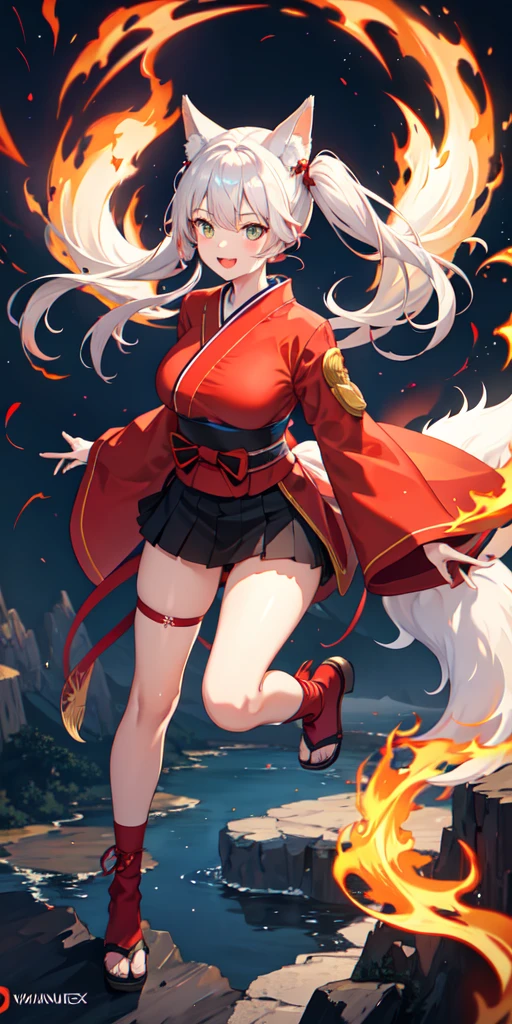 1 person,woman,Red kimono, Twin tails ,Silver Hair,Blue Flame, Vortex of flames,wallpaper, landscape,Depth of written boundary, night, Particles of light, light, Side light, Thighs,****, Red light armor,mini skirt, White knee socks, cloud,Gaze, Large Breasts, Holds a long sword,Green Eyes, Fox Ears, Bright smile,Open your mouth,Fox Tail,Phoenix,