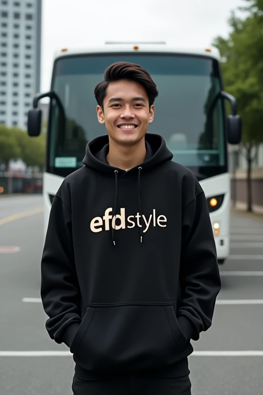 a handsome 2 man from Indonesia, short and neat hair, wearing a black hoodie that says "EFD style", standing behind a large bus in a parking lot, smiling expression, realistic, super HD, detailed.