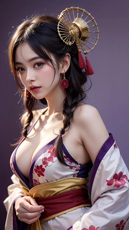 (8k, Highest quality, High resolution, masterpiece :1.3, RAW Photos), ((Accurately express the fine details of the face and skin texture)), ((Purple Background)), Beautiful adult woman, Long contour, Oiran, Gorgeous red kimono::2, hairpin, Captivating look, Strike a Pose, Earrings,　Cleavage、Loose-fitting kimono、