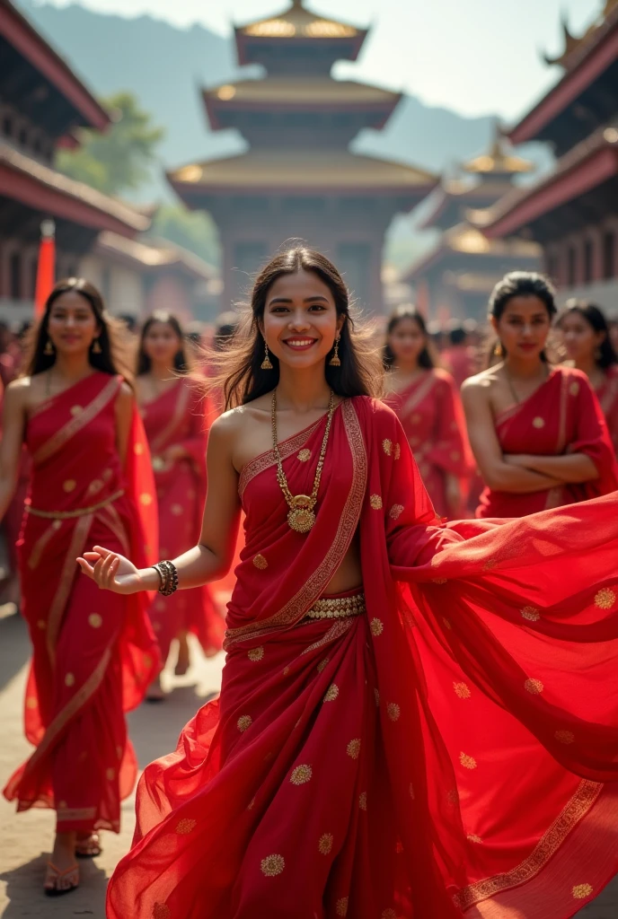 Nepali girl wearing a red saree dancing in pashupatinath temple in a group for teej
