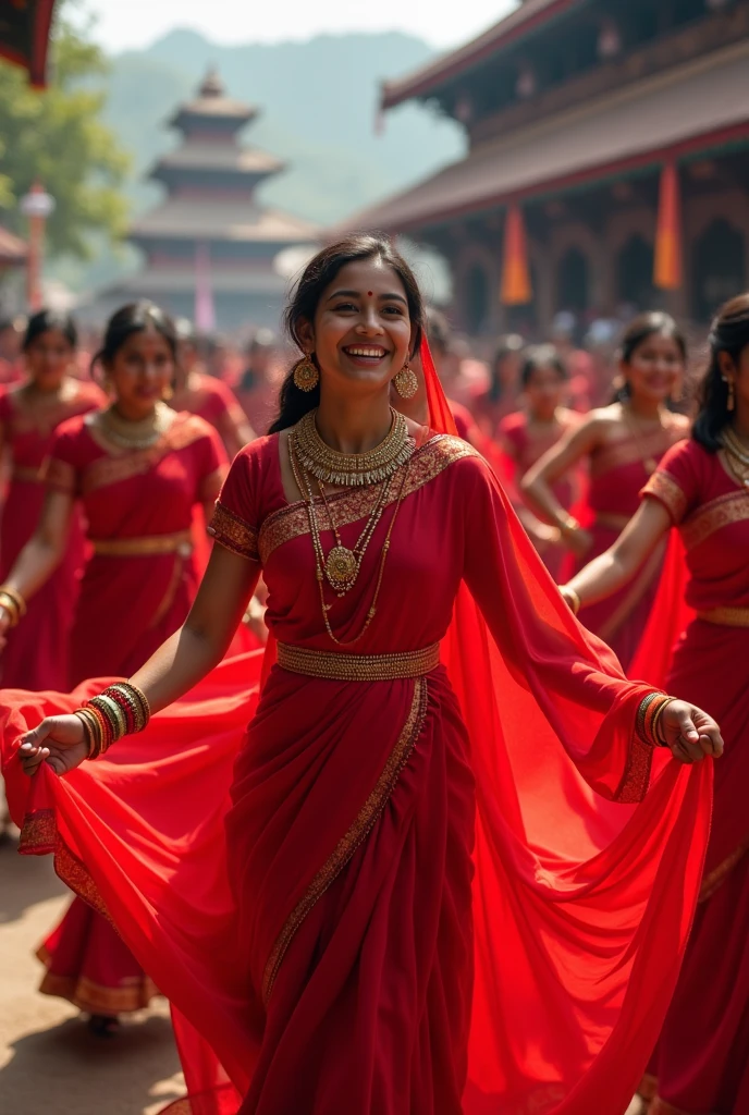 Nepali girl wearing a red saree dancing in pashupatinath temple in a group for teej