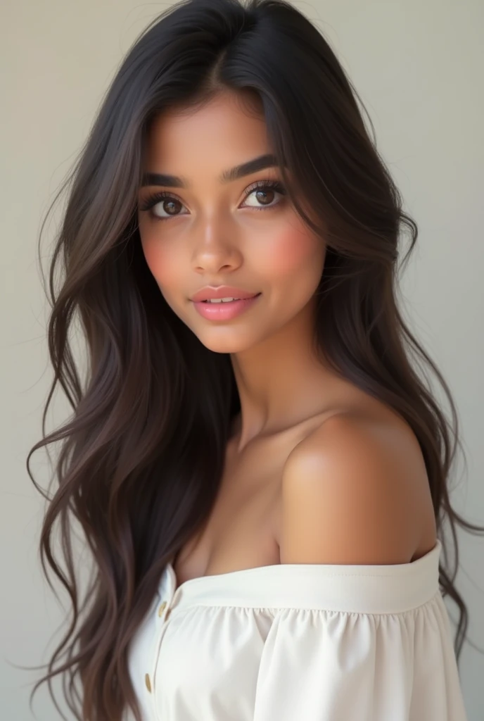 A cute Indian girl in white top, white colour , realistic feel ,