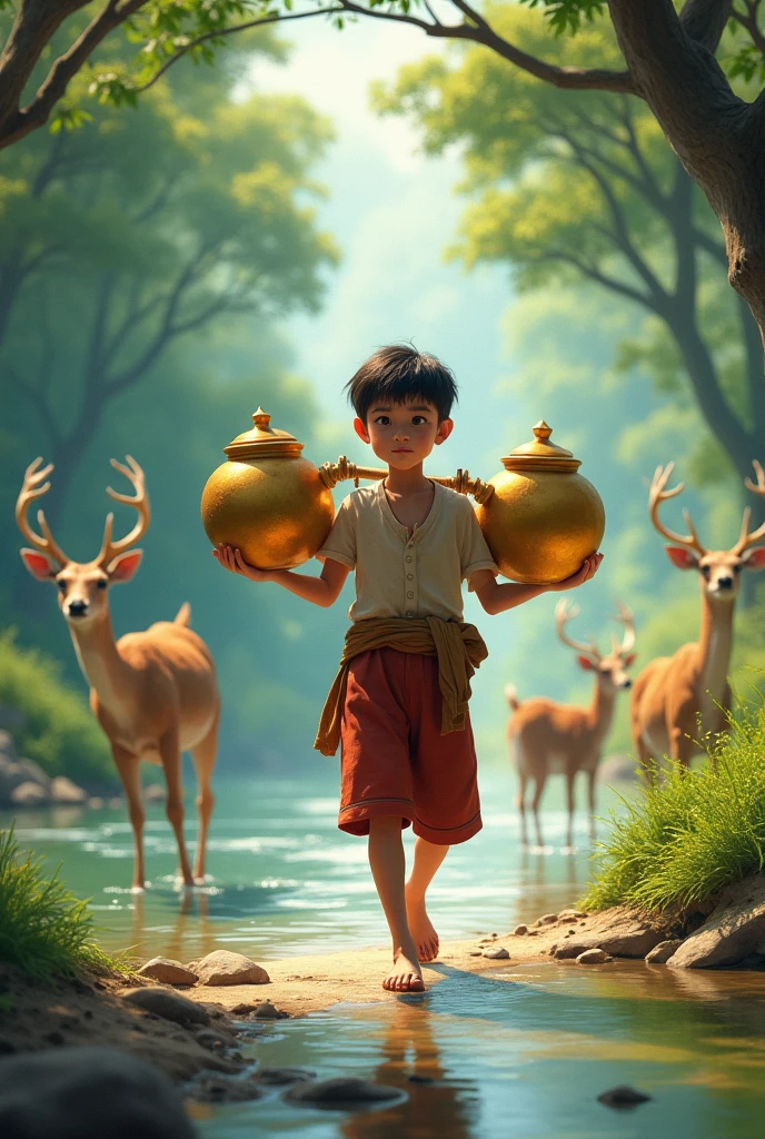ယောက်ကျားလေးတစ်ယောက် ရွှေအိုးနှစ်လုံးကို ရေထမ်းတပိုးနဲ့ ချိတ်ကာရှေ့နောက်တစ်လုံးစီ သယ်ပြီးပြန်လာ။ မြစ်ကမ်ဘေးမှာ သမင်တွေကရေကစားနေကြ
ကိုကား - သုဝဏ္ဏသာမဇာတ်၊ မဟာဗုဒ္ဓဝင်