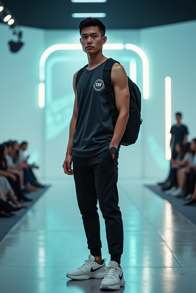 a sportwear fashion handsome 18 yrs. old Latin Asian male model, runway show full body holding sports bag pack, tank top casual wear style, SXR logo design, ultra-detailed, film photography, light leaks, trending on sportwear, sharp focus, studio photo, futuristic details, highly detailed