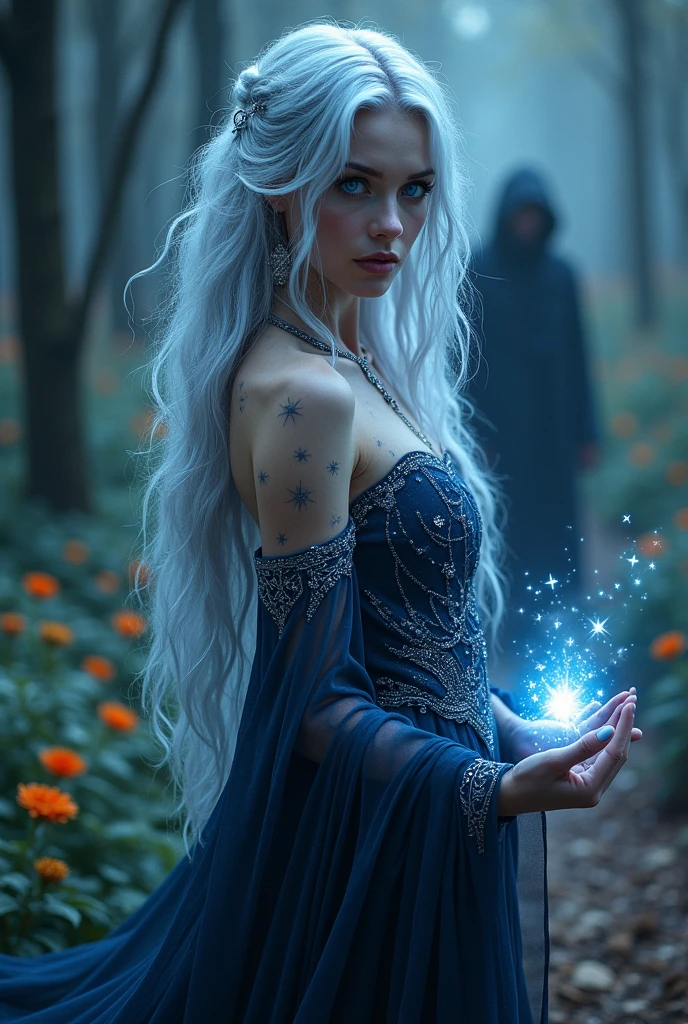 A woman with long, wavy hair, with silver locks that shine under the moonlight. Hair looks almost ethereal, as if floating lightly, the eyes a deep shade of blue, like a night sky, with small silver sparks that resemble stars. They have a hypnotic glow, almost as if they reflected the moonlight. Furthermore, the pupil is slightly elongated, giving a mysterious and predatory touch, like a vampire's.
the skin is pale with a slight glow reminiscent of nighttime luminescence. Small constellation markings can adorn your arms and face, wearing a long, flowing dress, made of a fabric that appears to change color between deep blue and black, with silver embroidery, it is in the center, com um olhar intenso, holding a magical artifact.
In the background there is a blurred and shadowy figure of a man with a threatening aura.
In a setting that mixes elements of nature and magic, like an enchanted forest with tall trees and bright flowers, but also with sinister shadows that suggest danger.
With symbols and runes that represent both blood (like drops or marks) as the charms (como estrelas).