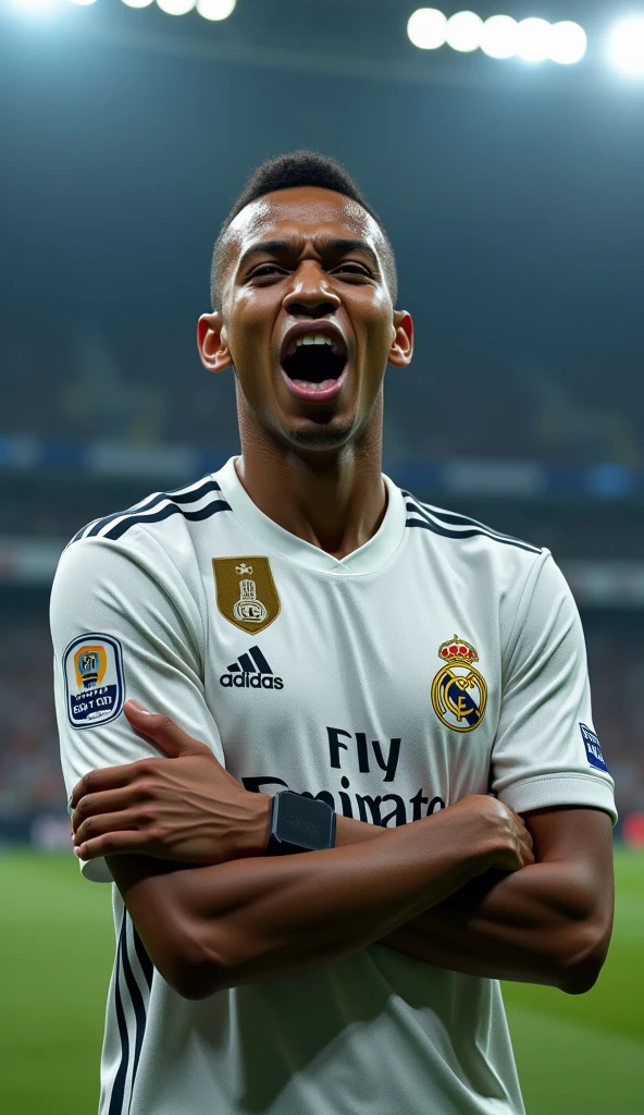 photorealistic, 8k, hyperrealistic, a Kylian Mbappe wear Real Madrid jersey, number 9, celebrating his goal, in stadium, arm crossed pose, highly detailed face, intense expression, ful body in frame, dramatic lighting, cinematic composition, chiaroscuro, dramatic shadows, photographic realism